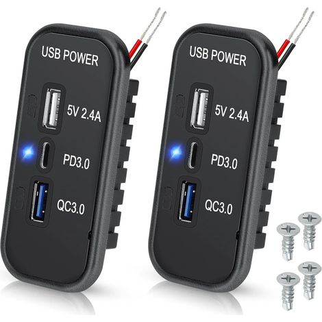 Prise USB pour camping-car, ports USB Type C PD3.0, QC3.0 et 2,4 A, adaptateur de charge rapide pour voiture, bateau, camion - Lot de 2, noir (1/5)