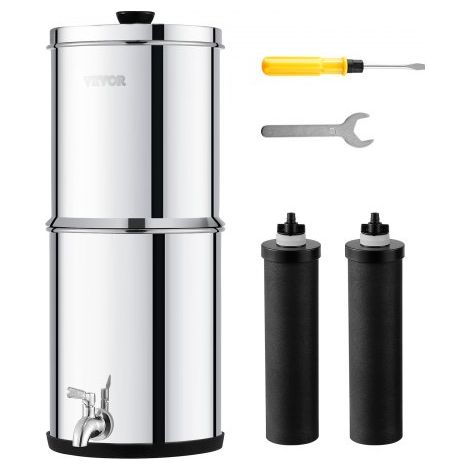 Sistema de Filtración de Agua por Gravedad 5,5 L Filtro de Agua por Gravedad para Encimera Acero Inoxidable 304 Reduce Plomo y hasta 99% de Cloro con 2 Filtros de Carbón y Grifo para Hogar (1/5)