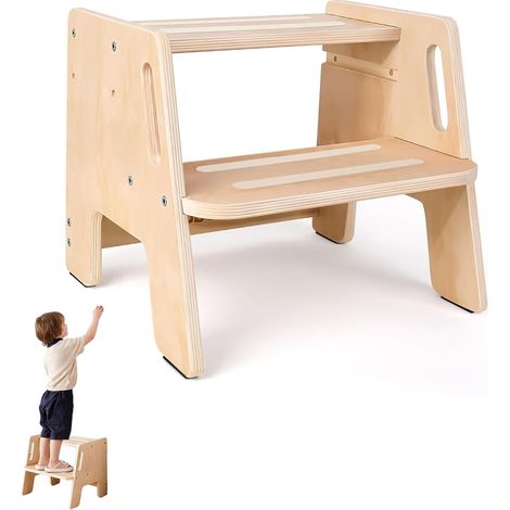Zweistufiger Kindertritthocker – 1 Stück – Kiefernholz natur – Griffe und rutschfeste Oberfläche – Badezimmer, Küche, Schlafzimmer – 38 x 32 x 31 cm (1/5)