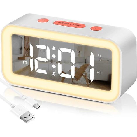 Réveil numérique avec veilleuse, luminosité réglable de 0 à 100 %, effet miroir, alarme sonore, 2 alarmes, format 12/24 heures. (1/5)