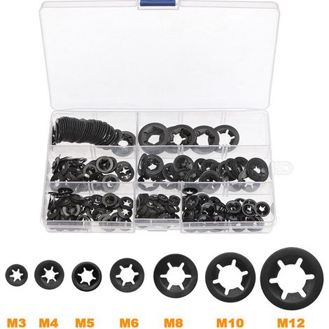 340 Pcs Rondelles Starlock, Rondelles de Blocage, Rondelles À Verrouillage, Vitesse Pousser Des Clips De Vitesse Fixations Rondelles - M3/M4/M5/M6/M8/M10/M12, Noir (1/5)