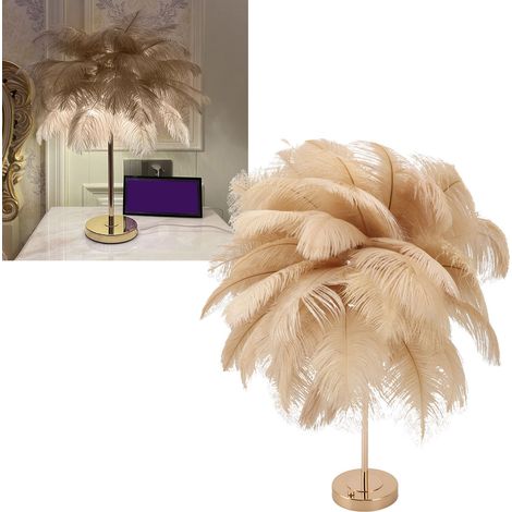 Lampe de table en plumes d'autruche - Lampe de table moderne et créative en plumes d'autruche - Lampe décorative romantique - Lampe de chevet nordique - Couleur camel (1/5)