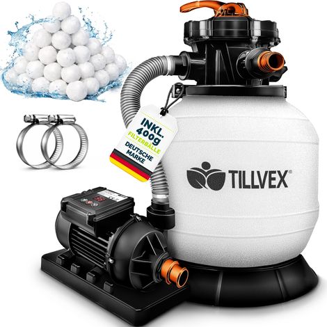 tillvex® Sandfilteranlage Pool mit Timer 7.900L/h inkl. 400g Filterbälle  Filteranlage 7-Wege Ventil & 2in1 Adapter Ø32mm - 38mm  Poolfilter mit Druckanzeige  Sandfilter für Schwimmbecken Weiß/Orange (1/5)