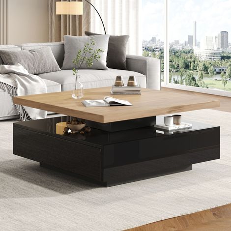 Couchtisch 70x70x36 cm, drehbar 360° mit Schublade und Ablagefach, 2-stufiges Design, Beistelltisch für Wohnzimmer