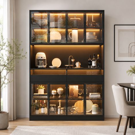 Vitrine LED 120x40x180 cm, buffet vitrine avec 8 portes, 2 tiroirs, compartiment ouvert, verre trempé gris, MDF, noir