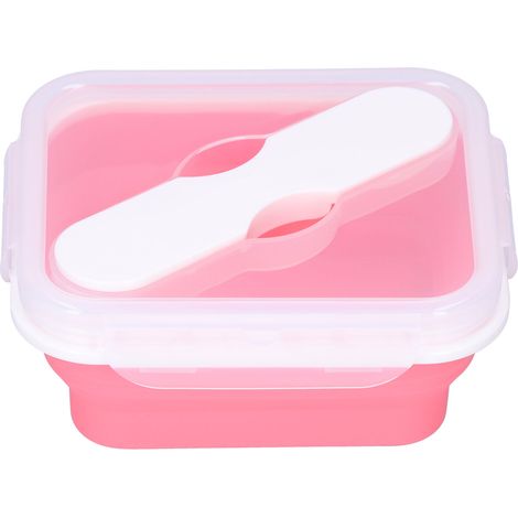Boîte Repas Isotherme en Silicone avec Fourchette-Cuillère Intégrée - Rose 600ML pour Bureau École (1/5)