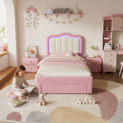 Lit rembourré enfant 90×200 cm rose, tiroir au pied du lit, dossier blanc, éclairage LED pilotable par application, charge maximale 220kg (1/5)