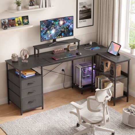 Bureau en L, bureau d'angle réversible avec tiroirs et étagères, 170 cm, noir (1/5)