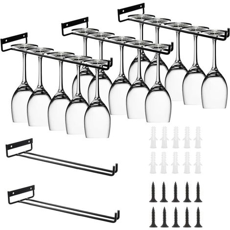 Lot de 5 Porte-Verres à Pied Suspendu 30 cm - Support Verre de Vin en Métal Noir avec Vis - Rangement Sous Placard pour Cuisine, Bar, Restaurant et Cave à Vin