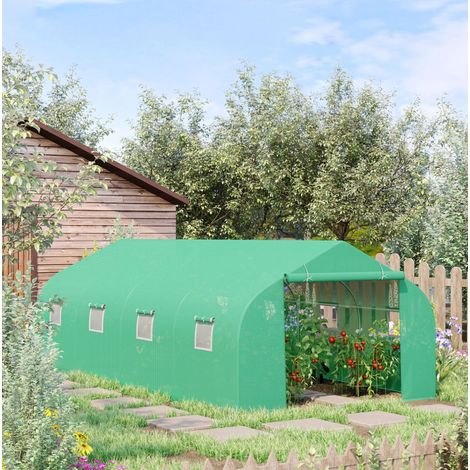 Serre tunnel de jardin grande 595 x 300 x 200 cm, bâche verte, structure en métal galvanisé, portes zippées, fenêtres latérales et montage facile  CHICFURN (1/5)