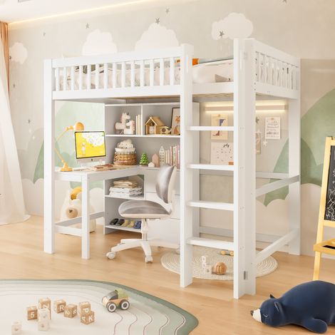 Letto rialzato per bambini 90x200 cm con scala, scrivania e 3 cassetti, senza materasso, bianco (1/5)