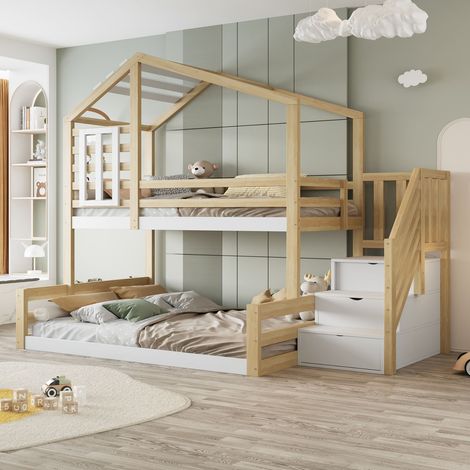 Lit superposé 90x200 cm pin naturel fenêtre tablette garde-corps escalier rangement (1/5)