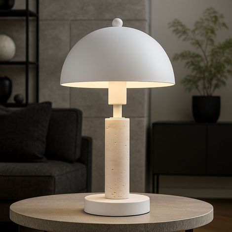 LED Tischleuchte Beistellleuchte Textil weiß Tischlampe Wohnzimmerlampe Travertine Stein, Metall, 1x 4,9W 470Lm warmweiß, DxH 20x34 cm
