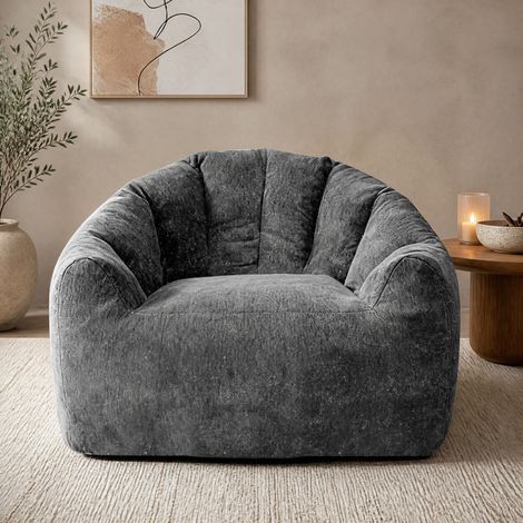 Sillón puff ergonómico de flanela gris, forma redonda, 99 x 86,3 x 64,7 cm, REDOM (1/5)
