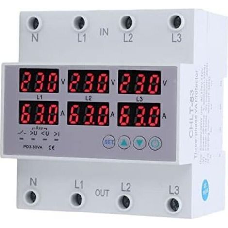 AC390‑500V 3 Phase DIN Rail Voltmètre Ampèremètre Protecteur de Surintensité de Surtension Réinitialisation Automatique Affichage Numérique Tension Courant Temps Réel(40A) (1/4)