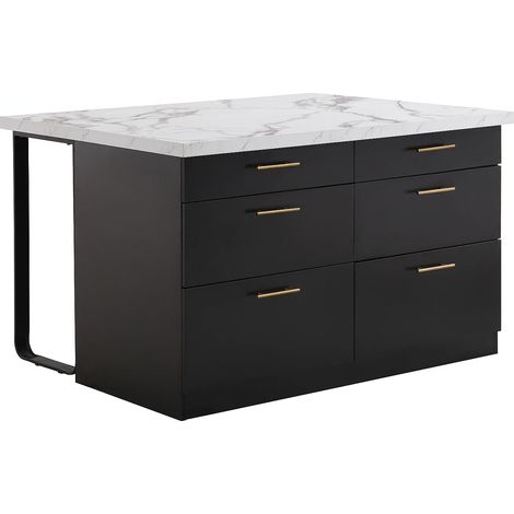 Vente-Unique – Îlot central de cuisine 126x104 cm avec 6 tiroirs en MDF et métal – Noir effet marbre blanc – Charge max 75 kg