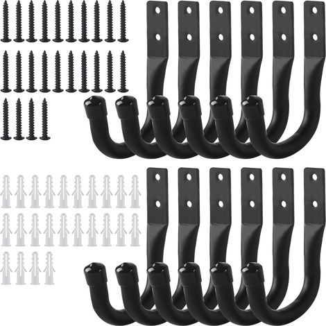 12 Pcs Crochet Mural Garage, Support Velo Mural Noirs, Accroche Velo Murale, Crochets de Rangement pour échelle de Garage, Crochets en J Muraux Robustes pour Vélos Outils électriques (1/5)