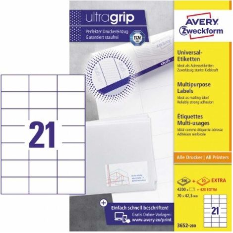 Universaletikett ultragrip 70 x 42,3 mm (B x H) nicht wieder ablösbar Papier weiß 4.620 Etik./Pack. (1/5)