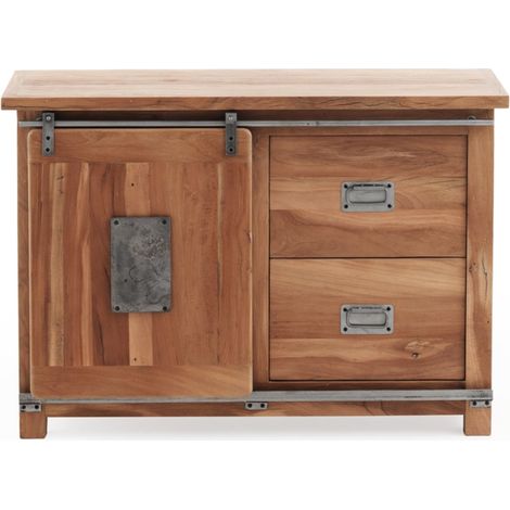 Kommode mit einer Schiebetür und zwei Schubladen aus massivem, recyceltem Akazienholz mit Holzbeinen. (1/5)