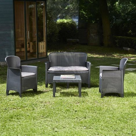 Set salon d'extérieur Ostuni, Salon de jardin composé de 2 fauteuils, 1 canapé et 1 table basse, Coin salon effet rotin avec coussins, Anthracite (1/5)