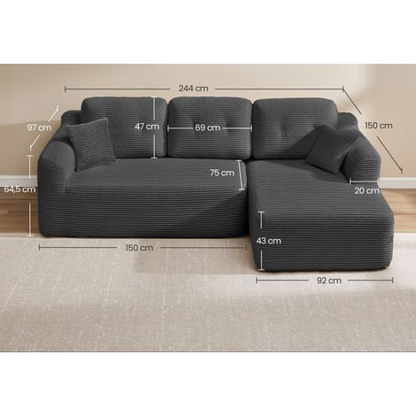 Canapé d'angle modulable 150 x 244 x 73 cm confort mousse haute densité style moderne en velours gris ardoise