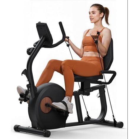 Vélo Semi-Allongé d’Appartement avec Bandes de Résistance, Vélo d’Exercice Silencieux à 16 Niveaux de Résistance Magnétique, App, Écran LCD, Capteurs Cardiaques, Dossier Réglable