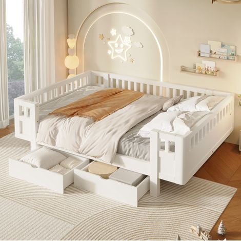 Letto a piattaforma 140/200 cm bianco con sponde di protezione e 2 cassetti, in legno massello (1/5)
