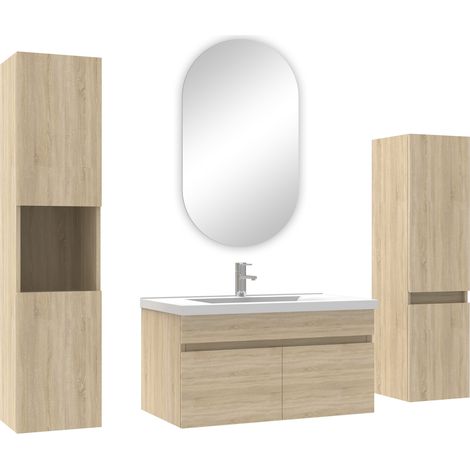 Acezanble meuble Salle de Bain Chêne Wotan 80cm simple vasque + colonne + miroir ovale (1/4)