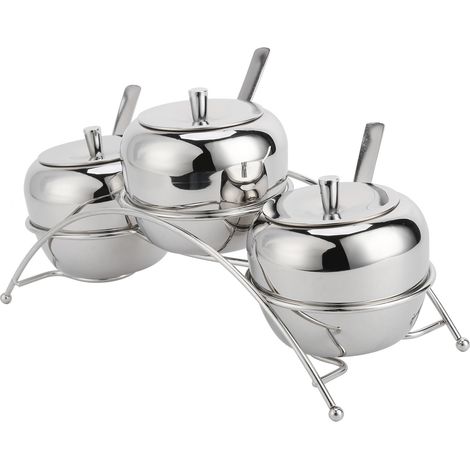Ensemble de pots et récipients à condiments en acier inoxydable pour le sel, le poivre et le sucre. (1/5)