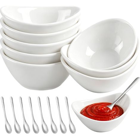 8 Pcs 60ml Bols à Sauce en Céramique avec 8 Cuillères, Blanc (1/5)