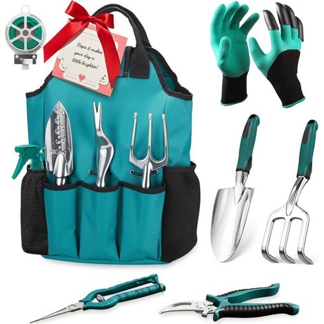Ensemble de 11 outils de jardinage à main robustes en aluminium avec sac de rangement, poignées ergonomiques, résistant à la rouille, indispensable pour les jardiniers débutants. (1/5)
