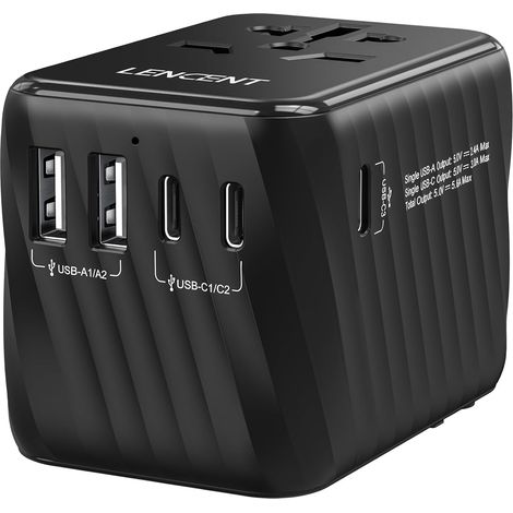 Adaptateur Universel de Voyage, 3 USB-C et 2 USB-A Adaptateur Voyage France vers Anglaise UK Irlande USA Canada Australie Chine Japon Thaïlande – Types A/C/G/I, Noir (1/5)