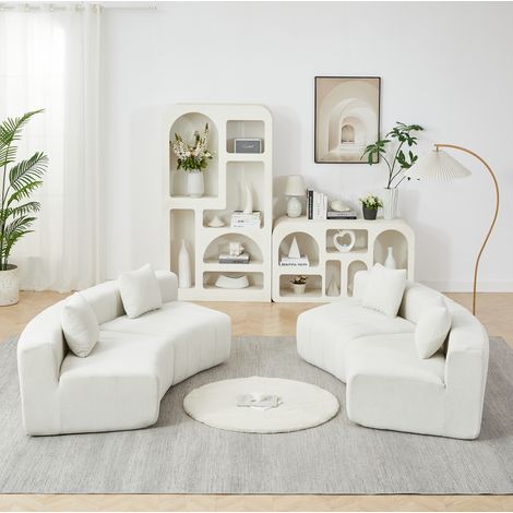 Sofá modular curvo beige de chenilla con 2 cojines, asiento estilo teclas de piano (1/5)