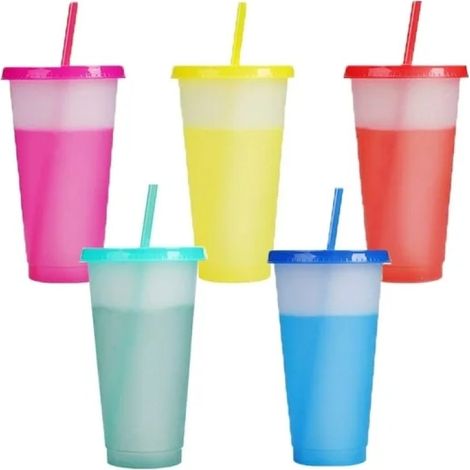 5pcs Gobelet, Paille, Couvercle, Plastique PP, Changement de couleur, Usage quotidien (1/5)