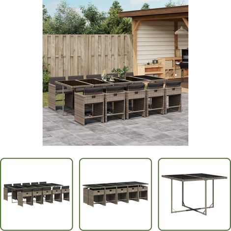 Gartentisch - 11-tlg. Garten-Essgruppe mit Kissen Grau Poly Rattan (1/5)