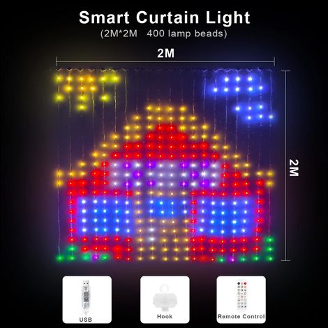 Rideau lumineux LED RGB intelligent USB (2 m x 2 m, 400 LED), contrôle par application, motifs et textes personnalisables, programmable (1/5)