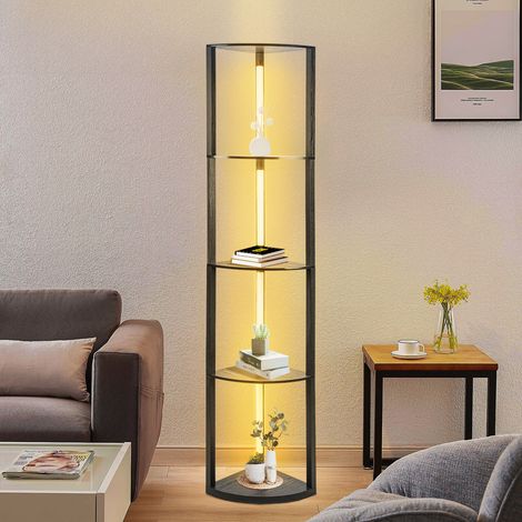 Jopassy Mensola per lampada da tavolo, 4 ripiani in legno, LED dimmerabile, 163 cm con telecomando, nero (1/5)