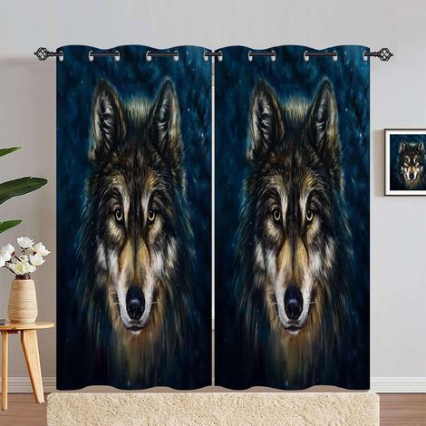 Rideau Occultant Aquarelle Tête de Loup Rideau Thermique Isolant Draperies Intérieurs Tenture Opaque à Oeillets pour Maison Chambre Salon Fenetre 2 Pièces L 140 x H 280 cm - 140L X 280H cm (2 Panneaux (1/5)