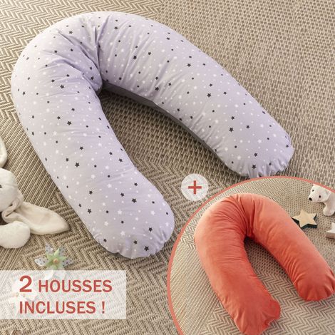 Pack Coussin de Maternité XXL - 2 Housses incluses : Étoile Gris & Corail Doux - Grossesse, Maternité et Allaitement