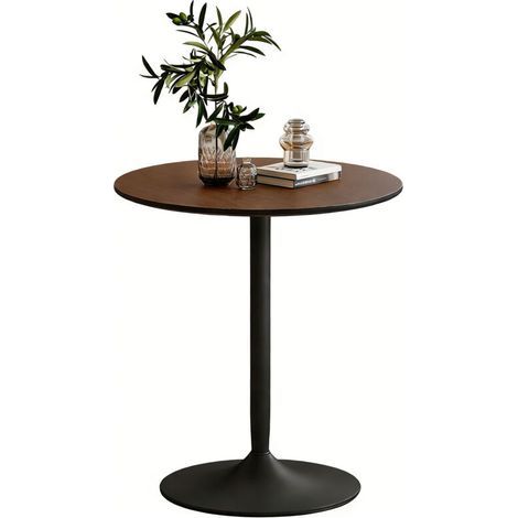 Table à manger ronde 70 cm pour 2 personnes avec plateau en placage de bois massif et piétement en acier marron (1/5)