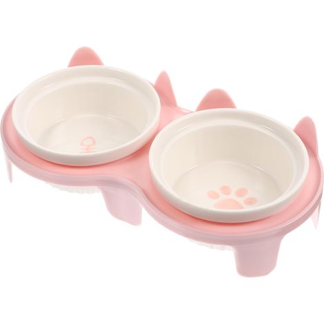 Ceramic elevated cat bowl set, double cat bowls on bamboo grate, elevated cat bowls for easy eating and drinking (1/5)