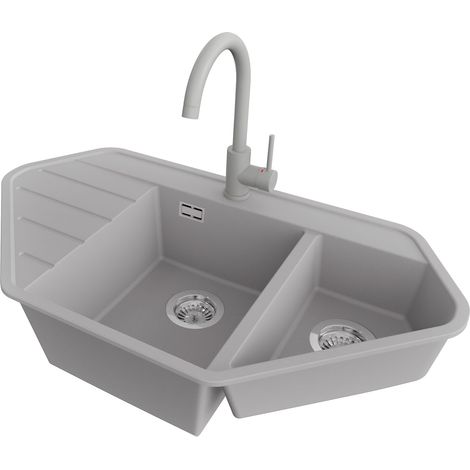 PRIMAGRAN Evier d'angle en Granit 90x50cm,Lavabo Cuisine 1,5 bacs + Robinet 32x20cm + Kit de Vidage, Évier à Encastrer au meuble 70cm - Copenhague Corner, Gris (1/5)