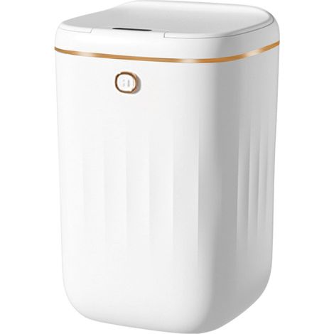 Automatischer 20-Liter-Abfalleimer mit berührungsloser Sensortechnik, leicht zu reinigen, auslaufsicher, für Küche und Bad, batteriebetrieben, weißgoldene Farbe.