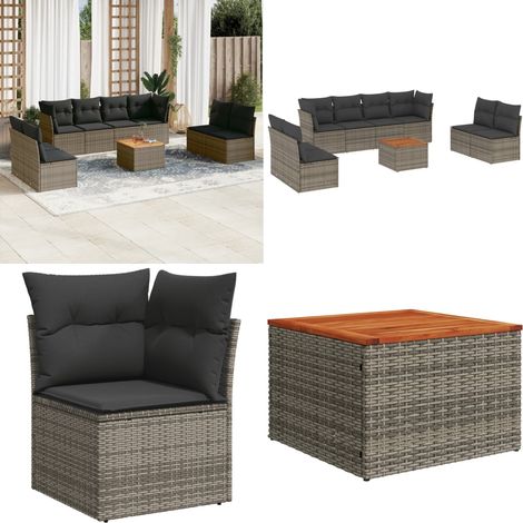 9-tlg. Garten-Sofagarnitur mit Kissen Grau Poly Rattan - Gartenmöbel Set - Esszimmergarnitur - Outdoor Möbel - Lounge Sofa - Rattan Gartenmöbel - Home & Living (1/5)