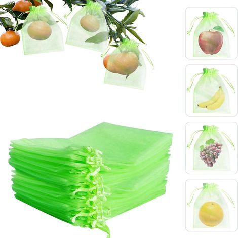 100 Sacchetti protettivi per frutta - Sacchetti in rete verde per frutta (15 x 20 cm) per alberi da frutto, con coulisse, per proteggere uva, mele, mango e pere da insetti, uccelli e scoiattoli.