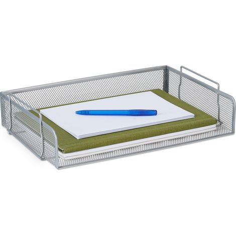 Relaxdays Vaschetta Portadocumenti, Design a Rete, Portalettere per Ufficio, Acciaio, Impilabile, 8,5x36x25 cm, Argento