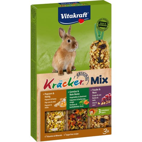 Vitakraft Kräcker Mix, Bastoncini da sgranocchiare per Conigli Nani, con Popcorn e Miele, con Verdura e Barbabietola Rossa, con UVA e Noci, Senza l'aggiunta di zuccheri e Cereali (1x 160g) (1/5)