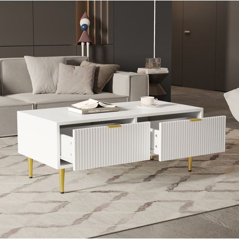 Couchtisch mit 2 Schubladen 100x50x40 cm Weiß MDF OKMYHOME (1/5)