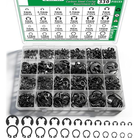 Juego de 330 anillos de retención, tipo E (2-12 mm) y tipo C (5-16 mm), 24 tamaños de anillos de retención externos de acero al carbono. (1/4)