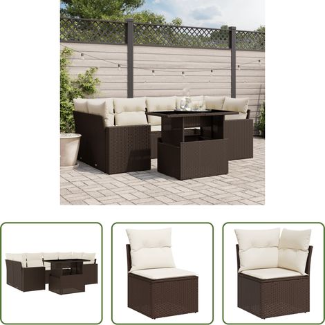 vidaXL Canapé avec accoudoirs - Salon de jardin avec coussins 7 pcs marron résine tressée (1/5)